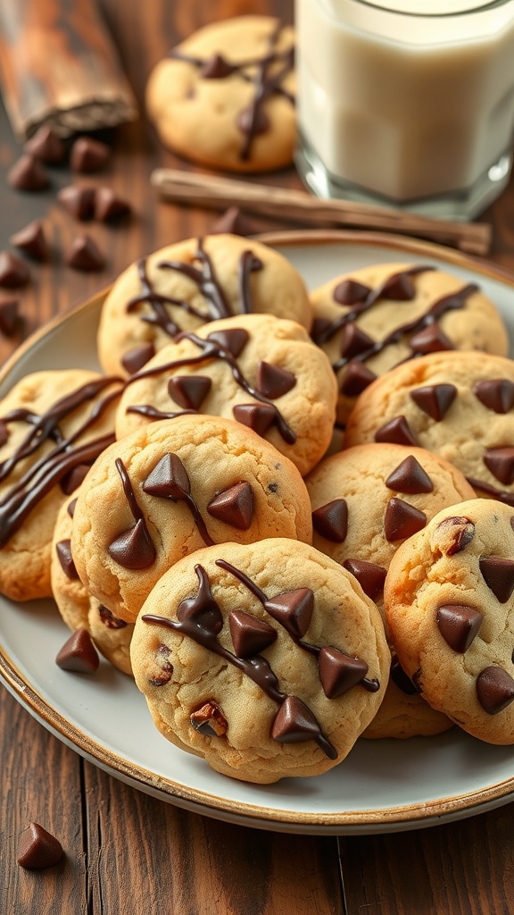 A plate of gourmet chocolate chip cookies with melted chocolate, nuts, and a glass of milk on a rustic wooden table.